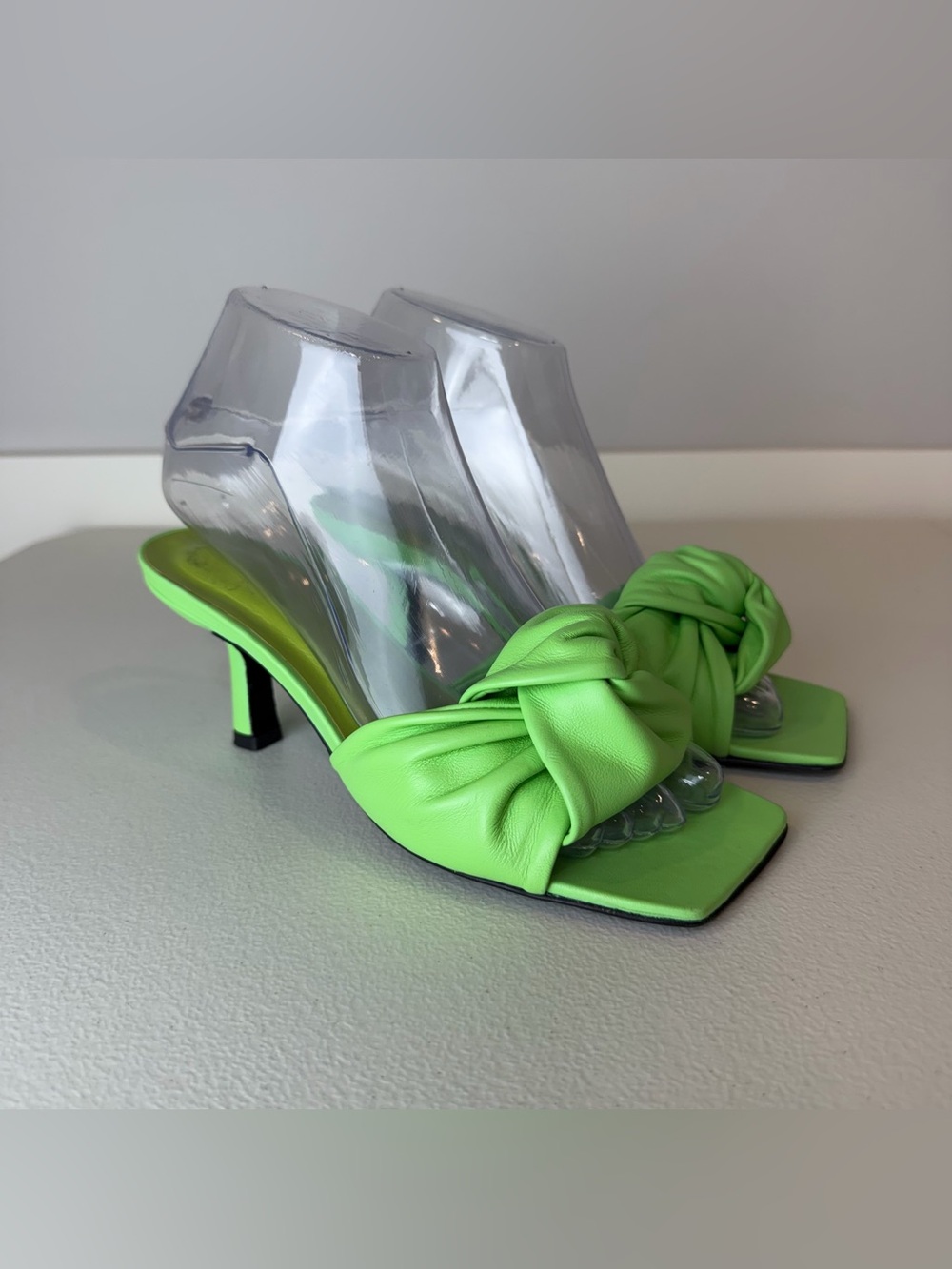 By Far Bright Green Square Toe Lana Glossy Twist Kitten Heel Mules Size 36 or 6